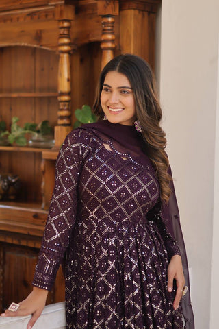 Wine Color Sequined Embroidered Gown with Dupatta Set ClothsVilla