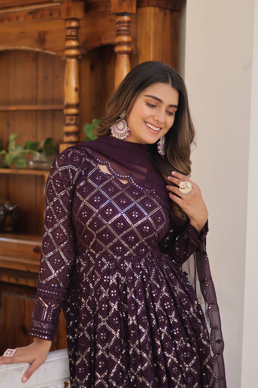 Wine Color Sequined Embroidered Gown with Dupatta Set ClothsVilla