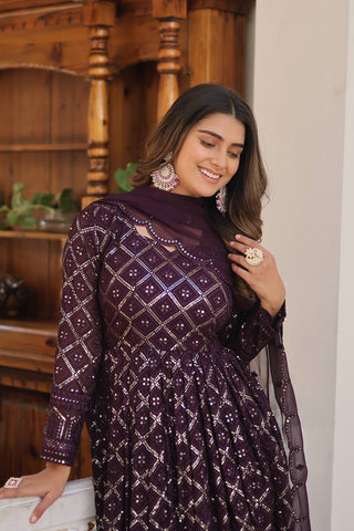 Wine Color Sequined Embroidered Gown with Dupatta Set ClothsVilla