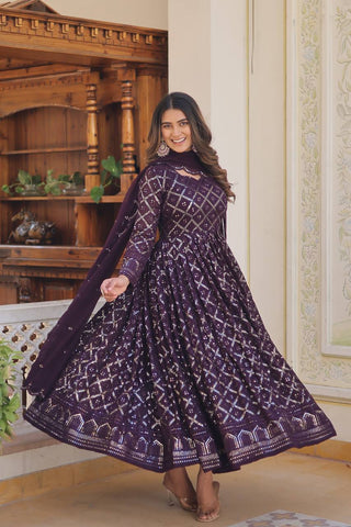 Wine Color Sequined Embroidered Gown with Dupatta Set ClothsVilla