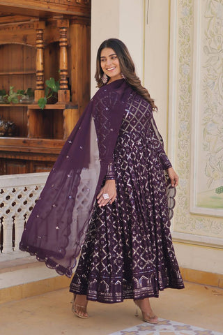 Wine Color Sequined Embroidered Gown with Dupatta Set ClothsVilla