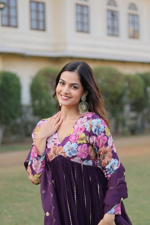 Wine Color Stunning Premium Readymade Alia Cut Kurti, Pant & Dupatta Set in Viscose & Art Silk ClothsVilla
