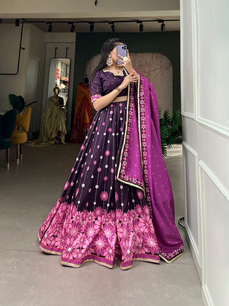 Wine Color Vaishali Silk Printed Lehenga Choli Set with Sequins Lace Border ClothsVilla