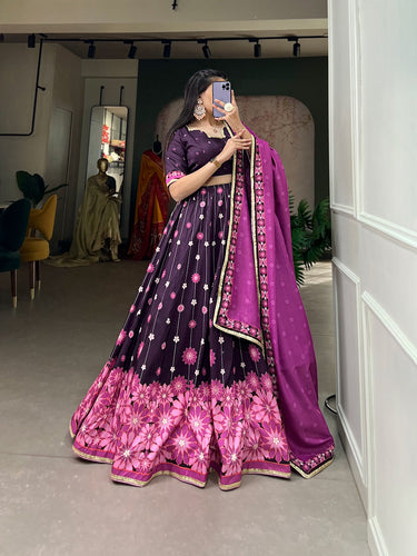 Wine Color Vaishali Silk Printed Lehenga Choli Set with Sequins Lace Border ClothsVilla