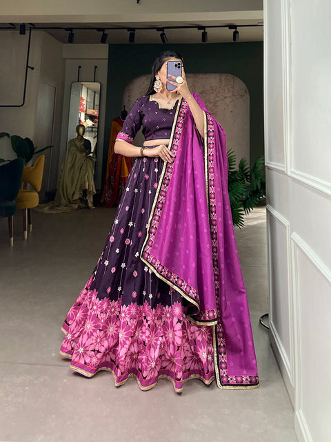 Wine Color Vaishali Silk Printed Lehenga Choli Set with Sequins Lace Border ClothsVilla Main image