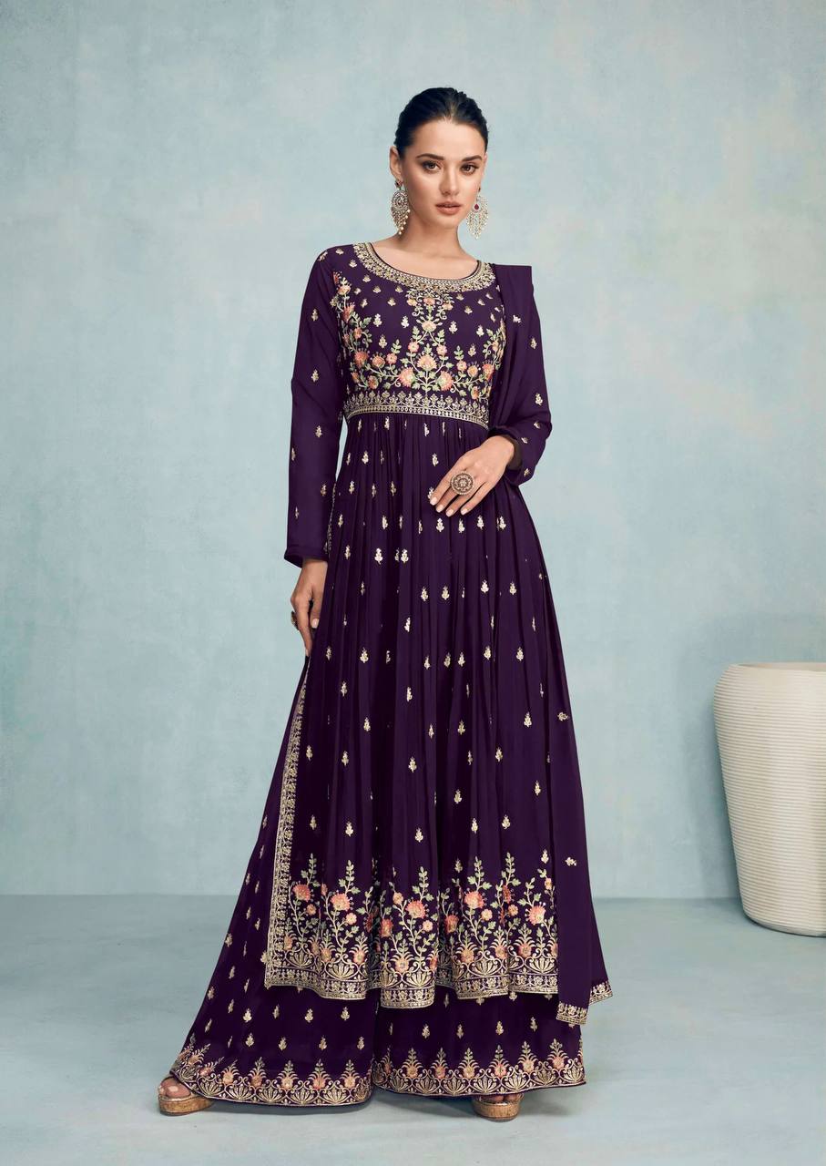 Wine Colour Georgette Embroidered Pakistani Salwar Kameez - ClothsVilla.com