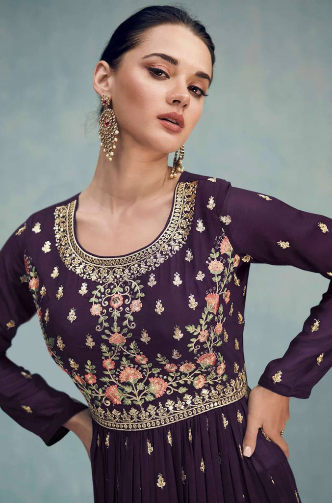 Wine Colour Georgette Embroidered Pakistani Salwar Kameez - ClothsVilla.com