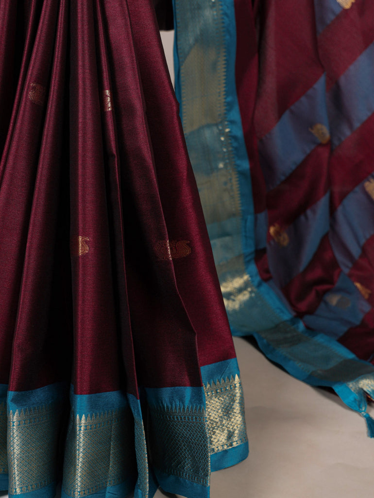 Wine Cotton Silk Saree with Paithani Weaving Work & Matching Blouse ClothsVilla
