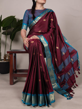 Wine Cotton Silk Saree with Paithani Weaving Work & Matching Blouse ClothsVilla