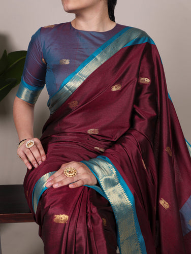 Wine Cotton Silk Saree with Paithani Weaving Work & Matching Blouse ClothsVilla