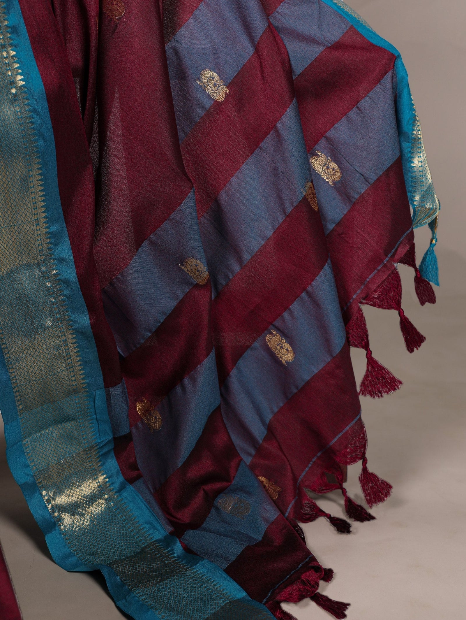 Wine Cotton Silk Saree with Paithani Weaving Work & Matching Blouse ClothsVilla