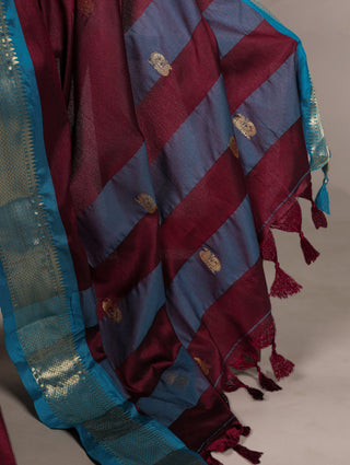 Wine Cotton Silk Saree with Paithani Weaving Work & Matching Blouse ClothsVilla