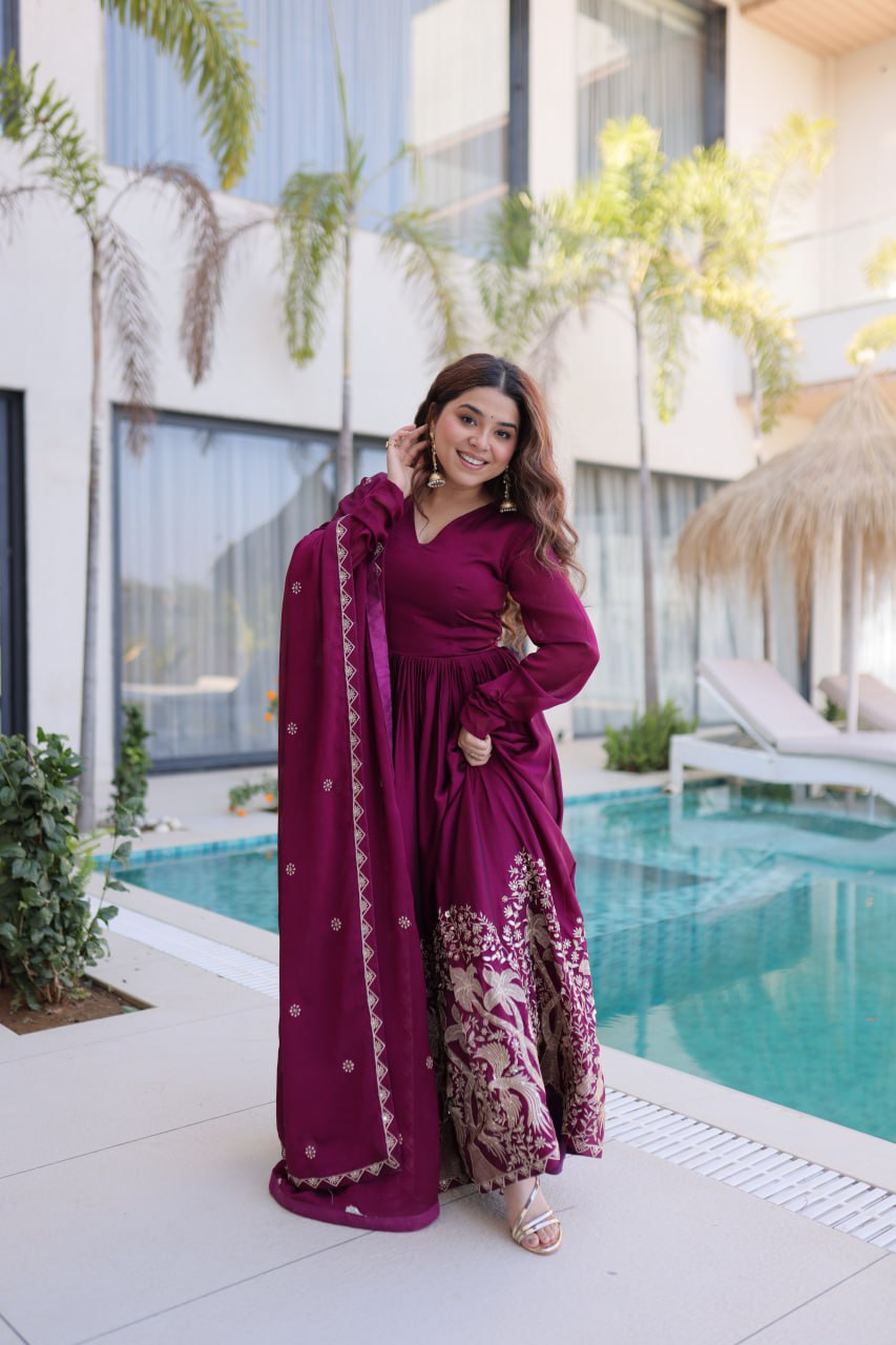 Wine Crush Embroidered Anarkali Gown ClothsVilla Main image