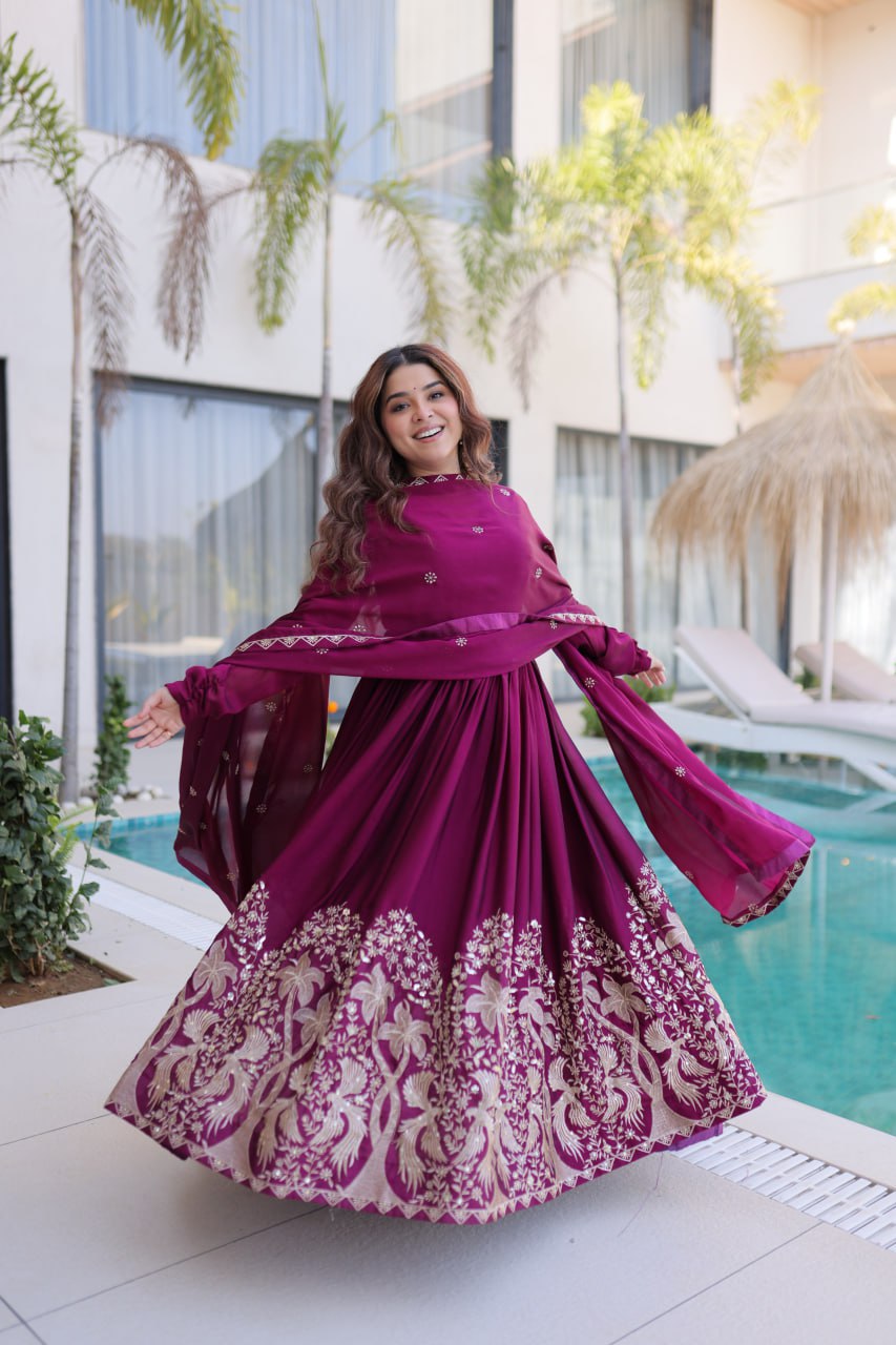 Wine Crush Embroidered Anarkali Gown ClothsVilla