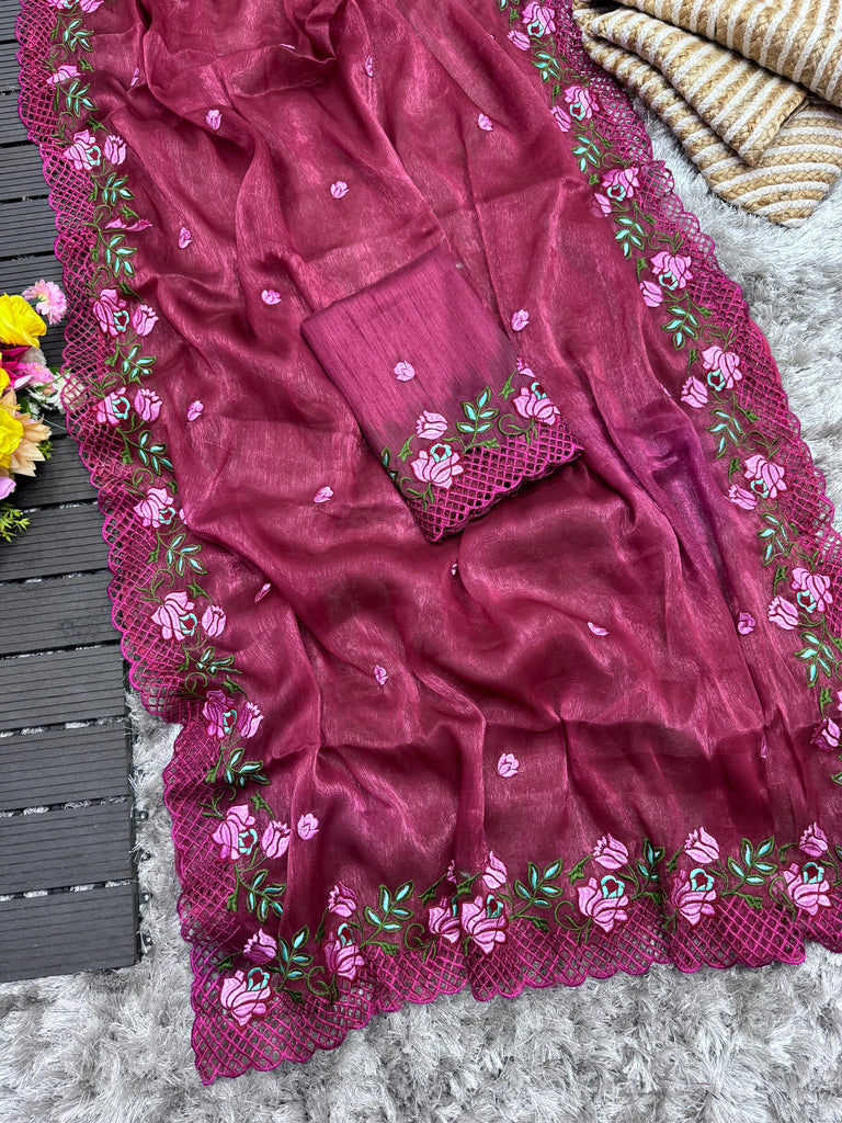 Wine Crush Silk Saree with Intricate Floral Embroidery & Matching Blouse ClothsVilla