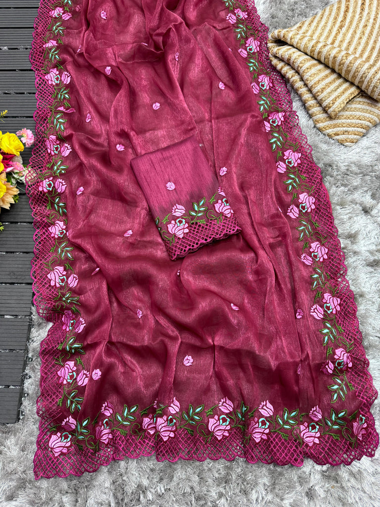 Wine Crush Silk Saree with Intricate Floral Embroidery & Matching Blouse ClothsVilla