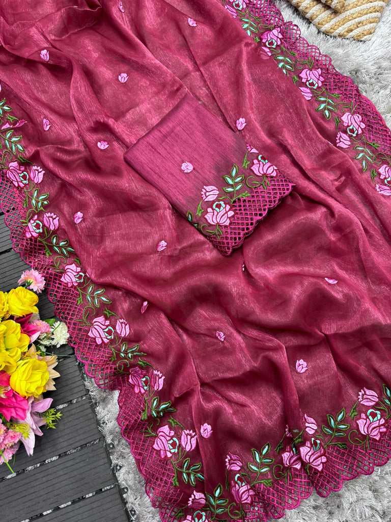 Wine Crush Silk Saree with Intricate Floral Embroidery & Matching Blouse ClothsVilla