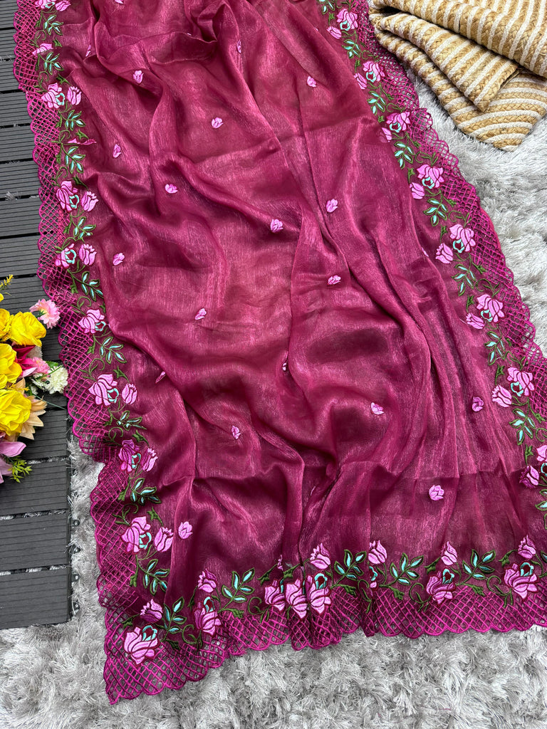 Wine Crush Silk Saree with Intricate Floral Embroidery & Matching Blouse ClothsVilla