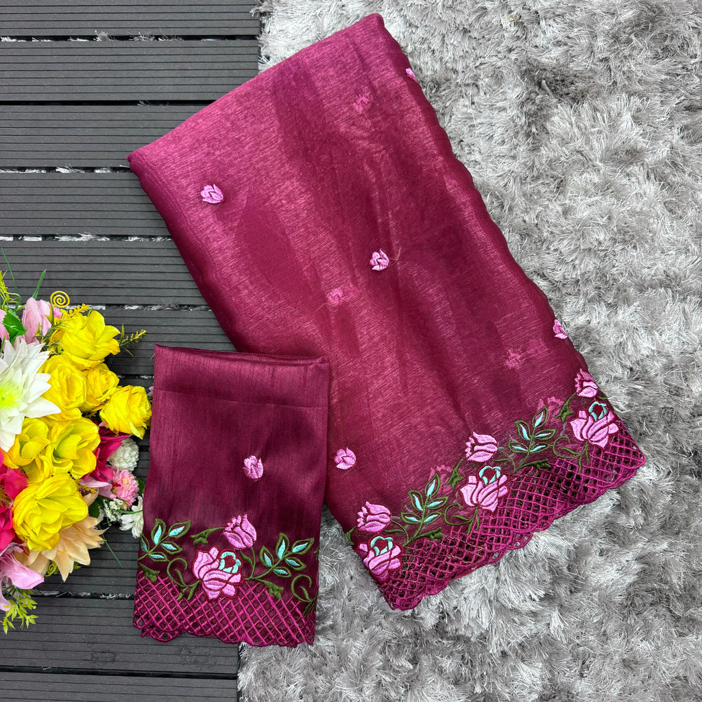 Wine Crush Silk Saree with Intricate Floral Embroidery & Matching Blouse ClothsVilla