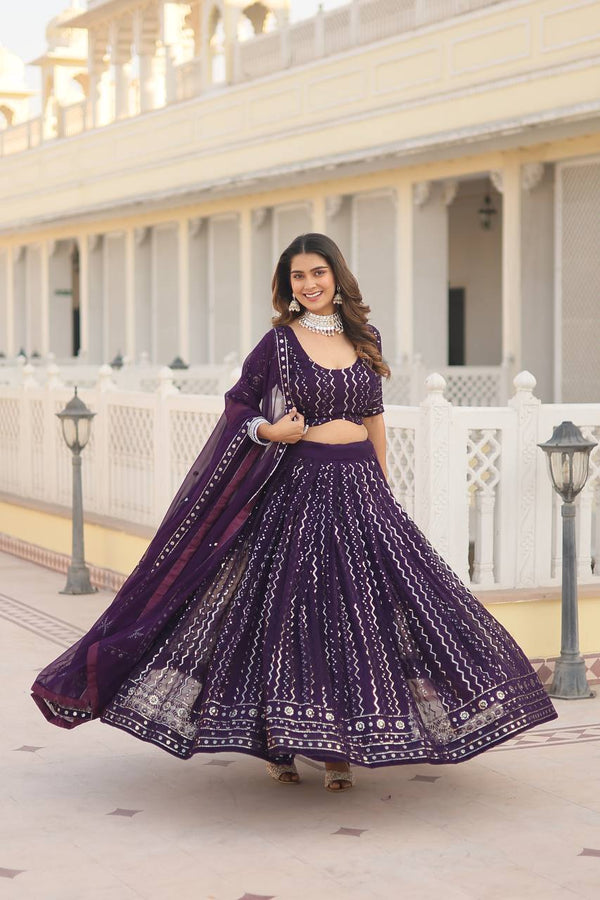 Wine Dazzling Faux Blooming Lehenga Choli with Sequins & Thread Embroidery ClothsVilla