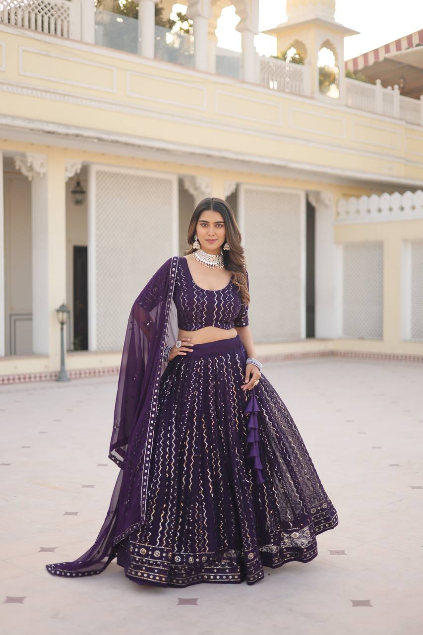 Wine Dazzling Faux Blooming Lehenga Choli with Sequins & Thread Embroidery ClothsVilla