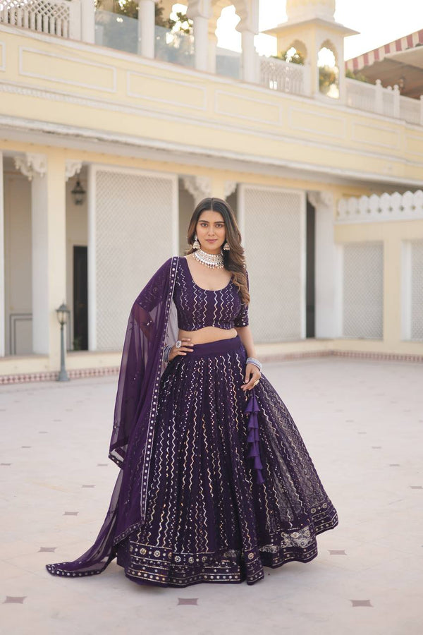 Wine Dazzling Faux Blooming Lehenga Choli with Sequins & Thread Embroidery ClothsVilla