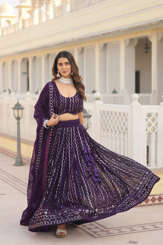 Wine Dazzling Faux Blooming Lehenga Choli with Sequins & Thread Embroidery ClothsVilla
