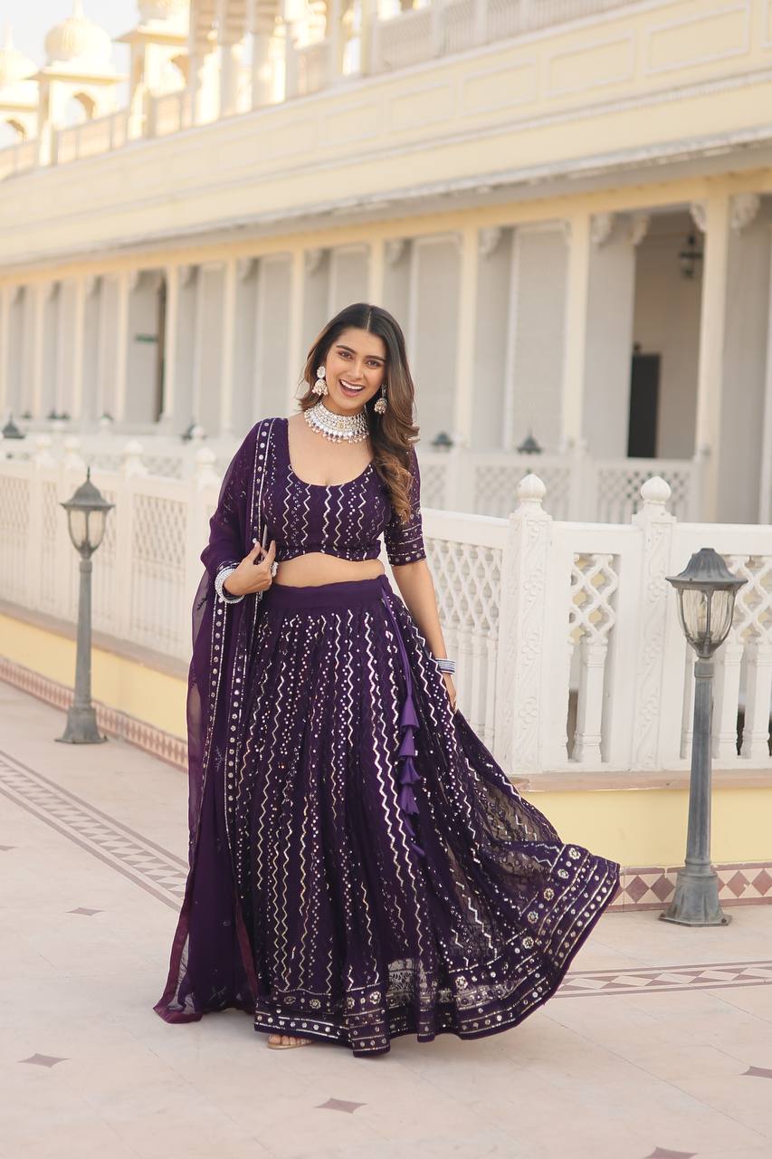 Wine Dazzling Faux Blooming Lehenga Choli with Sequins & Thread Embroidery ClothsVilla