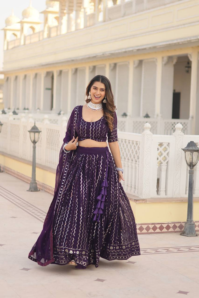 Wine Dazzling Faux Blooming Lehenga Choli with Sequins & Thread Embroidery ClothsVilla