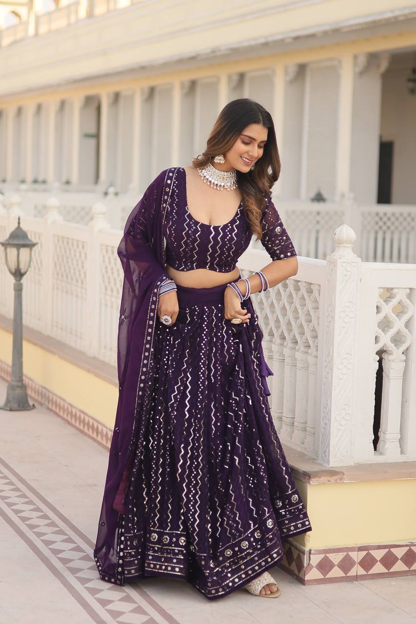 Wine Dazzling Faux Blooming Lehenga Choli with Sequins & Thread Embroidery ClothsVilla