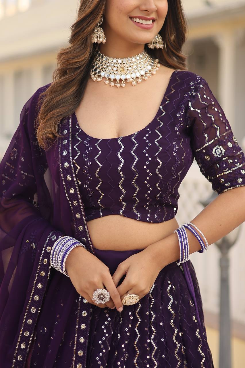 Wine Dazzling Faux Blooming Lehenga Choli with Sequins & Thread Embroidery ClothsVilla