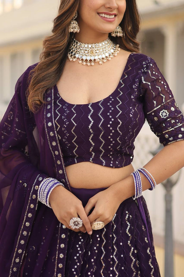 Wine Dazzling Faux Blooming Lehenga Choli with Sequins & Thread Embroidery ClothsVilla