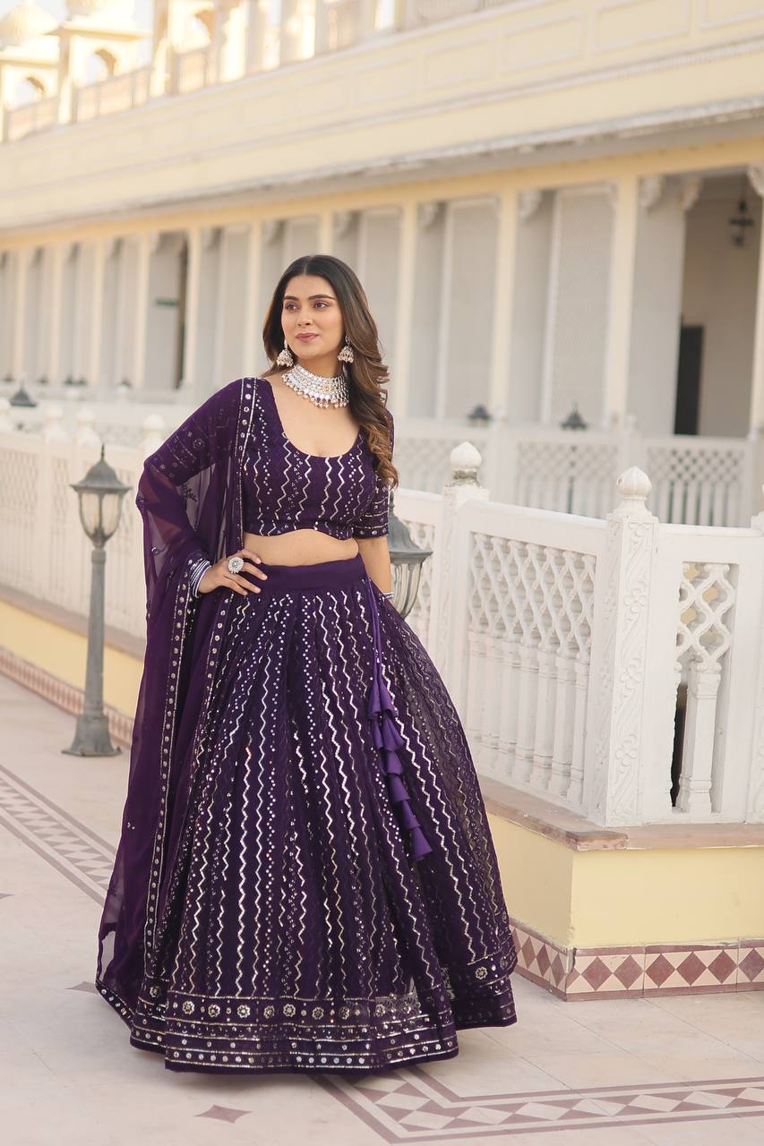Wine Dazzling Faux Blooming Lehenga Choli with Sequins & Thread Embroidery ClothsVilla