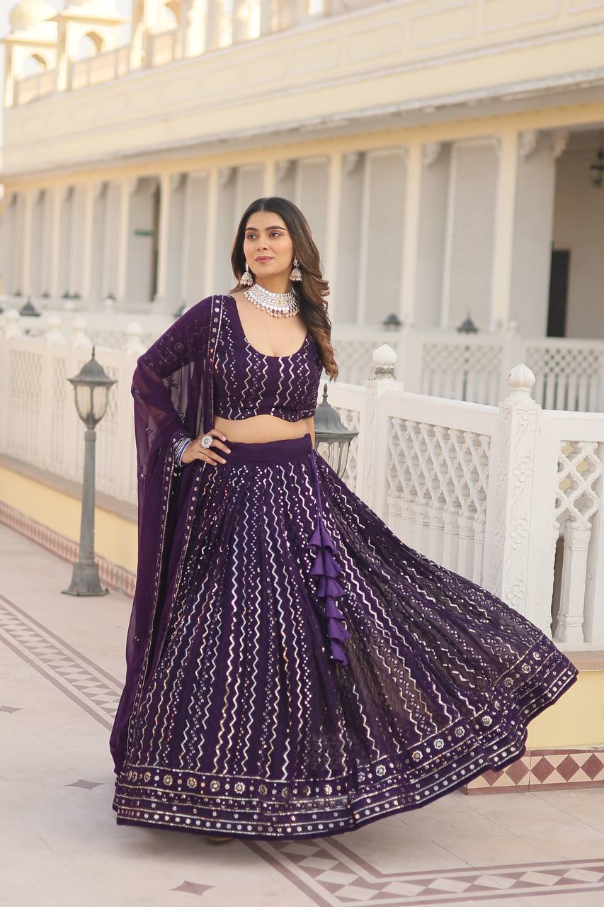 Wine Dazzling Faux Blooming Lehenga Choli with Sequins & Thread Embroidery ClothsVilla