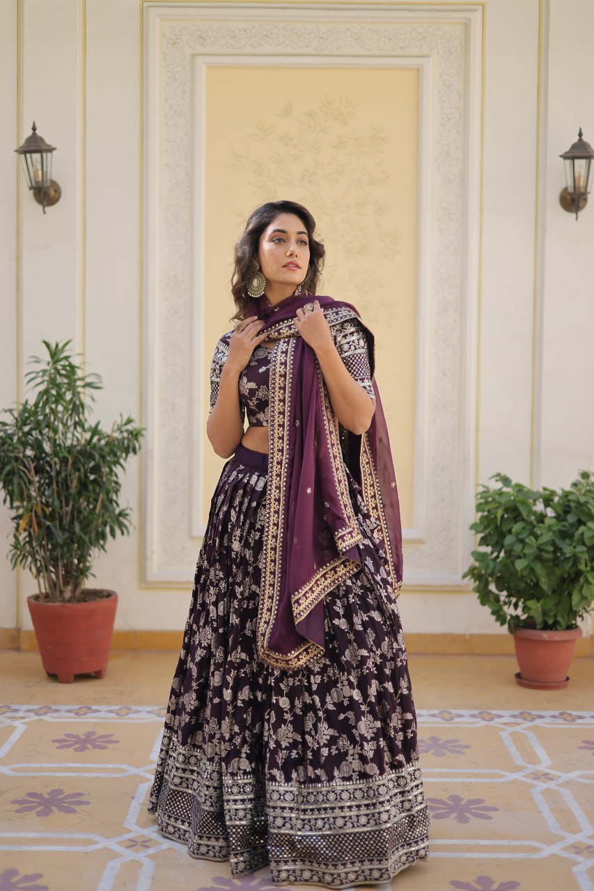 Wine Designer Dyeable Pure Viscose Jacquard Fabric Lehenga Choli & Dupatta Set ClothsVilla