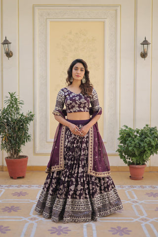 Wine Designer Dyeable Pure Viscose Jacquard Fabric Lehenga Choli & Dupatta Set ClothsVilla