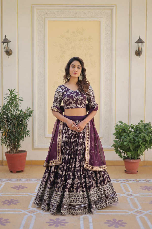Wine Designer Dyeable Pure Viscose Jacquard Fabric Lehenga Choli & Dupatta Set ClothsVilla