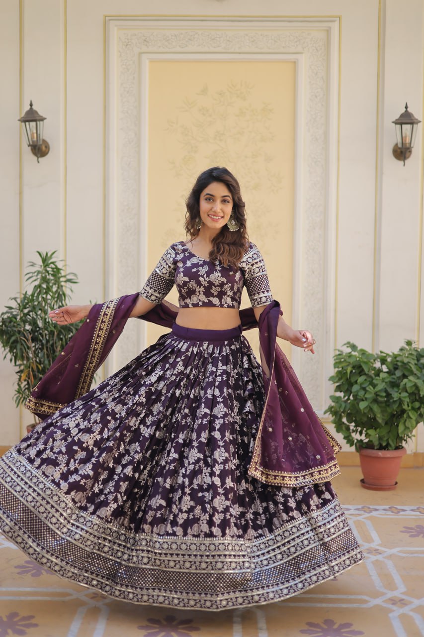 Wine Designer Dyeable Pure Viscose Jacquard Fabric Lehenga Choli & Dupatta Set ClothsVilla