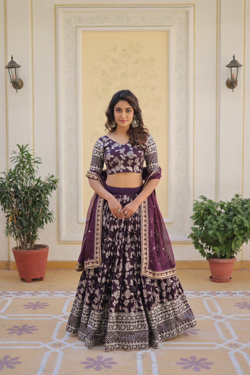 Wine Designer Dyeable Pure Viscose Jacquard Fabric Lehenga Choli & Dupatta Set ClothsVilla