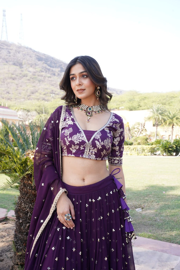 Wine Designer Faux Blooming Lehenga Choli with Shimmering Sequins & Lace ClothsVilla