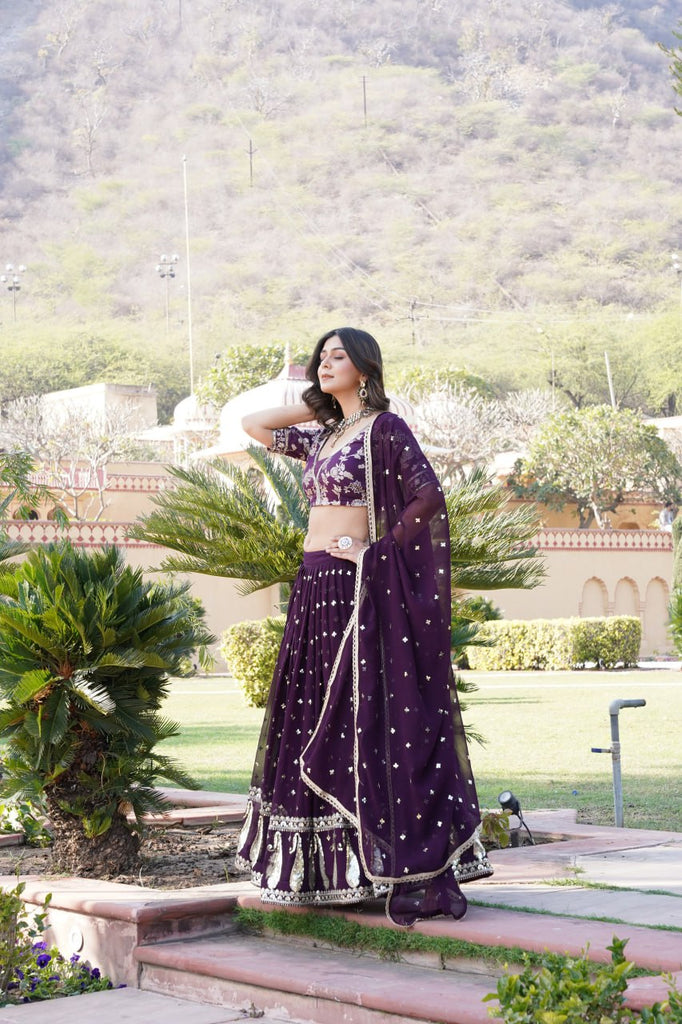 Wine Designer Faux Blooming Lehenga Choli with Shimmering Sequins & Lace ClothsVilla