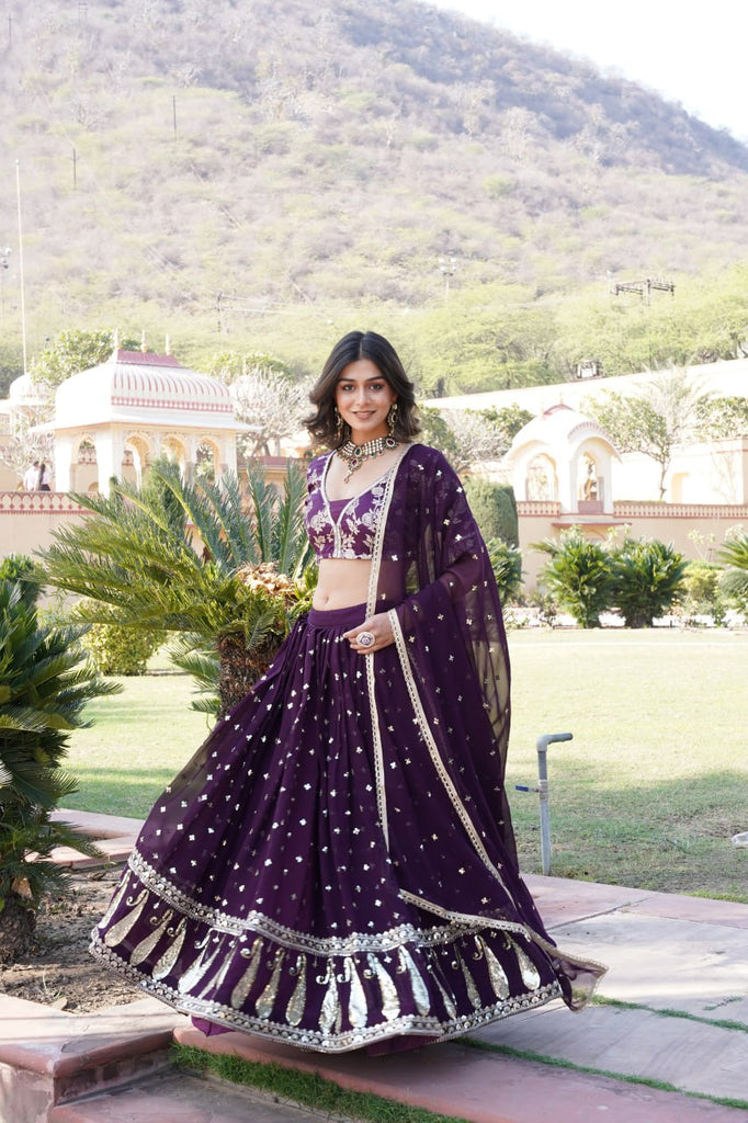 Wine Designer Faux Blooming Lehenga Choli with Shimmering Sequins & Lace ClothsVilla