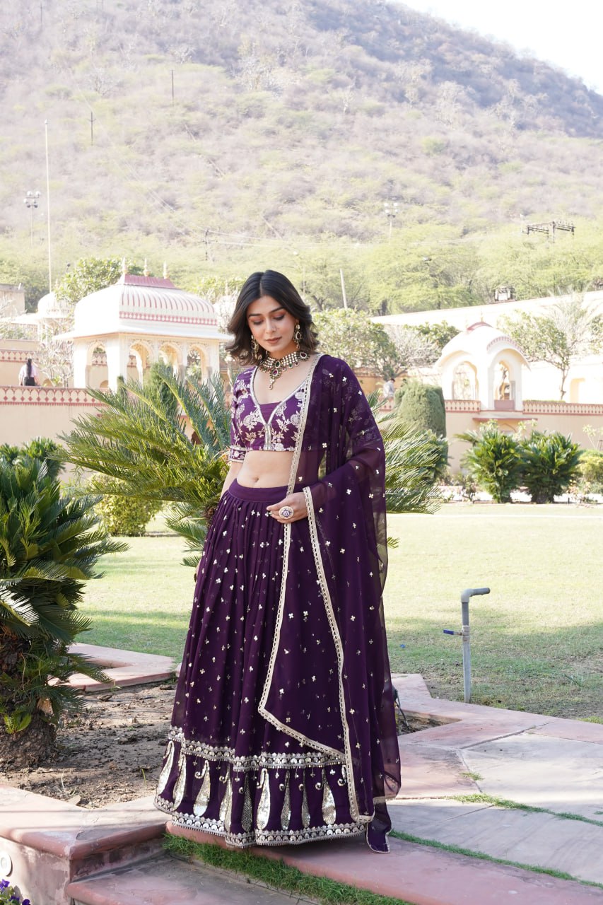 Wine Designer Faux Blooming Lehenga Choli with Shimmering Sequins & Lace ClothsVilla Main image