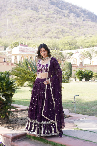 Wine Designer Faux Blooming Lehenga Choli with Shimmering Sequins & Lace ClothsVilla
