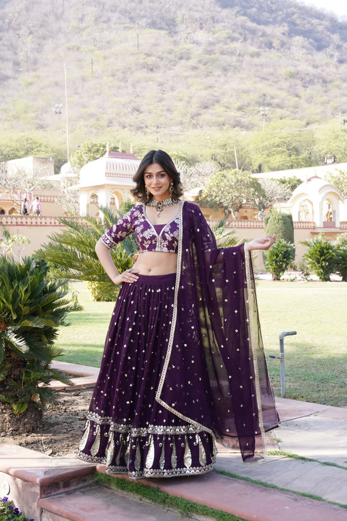 Wine Designer Faux Blooming Lehenga Choli with Shimmering Sequins & Lace ClothsVilla