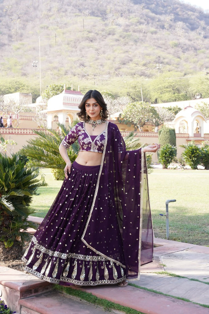 Wine Designer Faux Blooming Lehenga Choli with Shimmering Sequins & Lace ClothsVilla