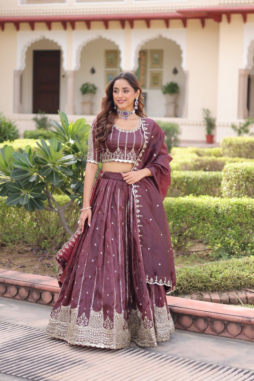 Wine Designer Gold Crush Sequins & Zari Embroidered Lehenga Choli Set with 3-Meter Flair & Lace Border Dupatta – Semi-Stitched Festive & Wedding Wear ClothsVilla