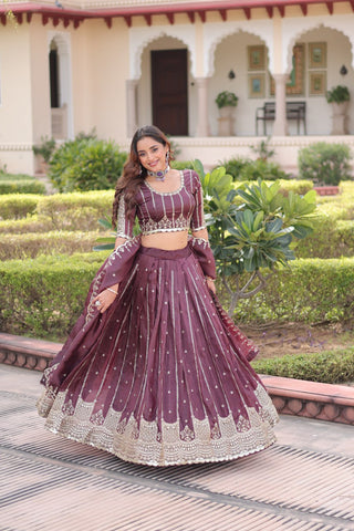 Wine Designer Gold Crush Sequins & Zari Embroidered Lehenga Choli Set with 3-Meter Flair & Lace Border Dupatta – Semi-Stitched Festive & Wedding Wear ClothsVilla