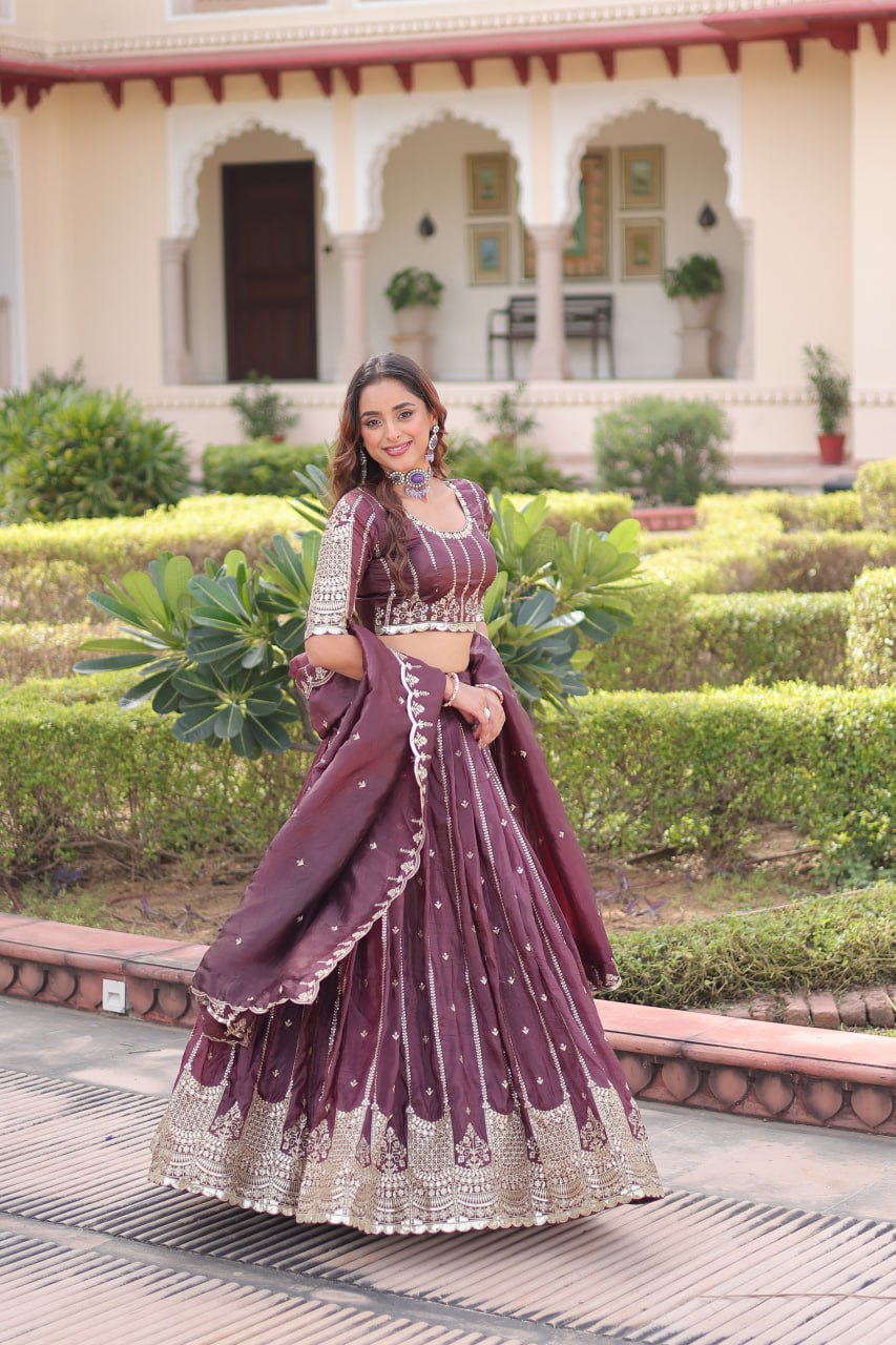 Wine Designer Gold Crush Sequins & Zari Embroidered Lehenga Choli Set with 3-Meter Flair & Lace Border Dupatta – Semi-Stitched Festive & Wedding Wear ClothsVilla