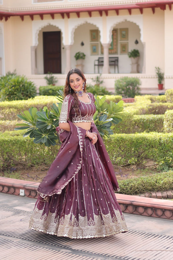 Wine Designer Gold Crush Sequins & Zari Embroidered Lehenga Choli Set with 3-Meter Flair & Lace Border Dupatta – Semi-Stitched Festive & Wedding Wear ClothsVilla